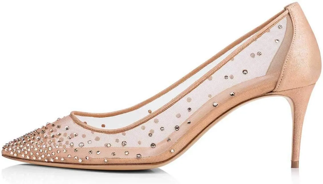 XYD Women Mid Low Heels Pumps Sheer Mesh Crystal Studs Closed Pointed Toe Sexy Bridal Party Mother Shoes