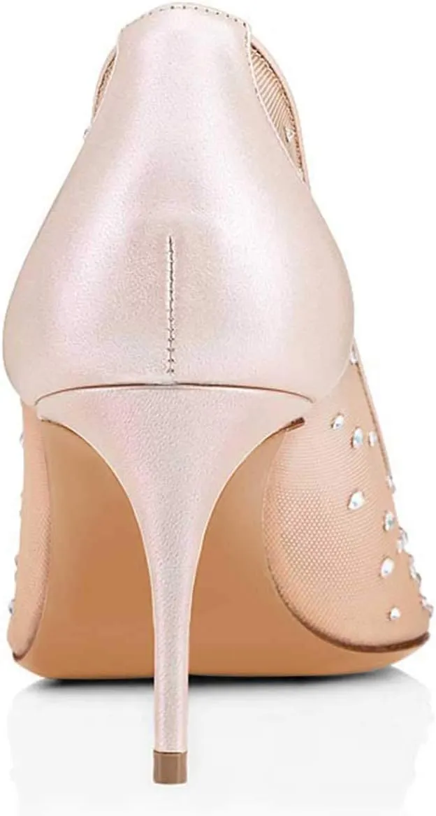XYD Women Mid Low Heels Pumps Sheer Mesh Crystal Studs Closed Pointed Toe Sexy Bridal Party Mother Shoes