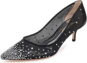 XYD Women Mid Low Heels Pumps Sheer Mesh Crystal Studs Closed Pointed Toe Sexy Bridal Party Mother Shoes