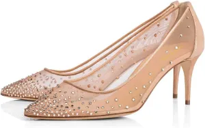 XYD Women Mid Low Heels Pumps Sheer Mesh Crystal Studs Closed Pointed Toe Sexy Bridal Party Mother Shoes