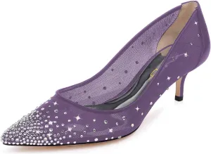 XYD Women Mid Low Heels Pumps Sheer Mesh Crystal Studs Closed Pointed Toe Sexy Bridal Party Mother Shoes