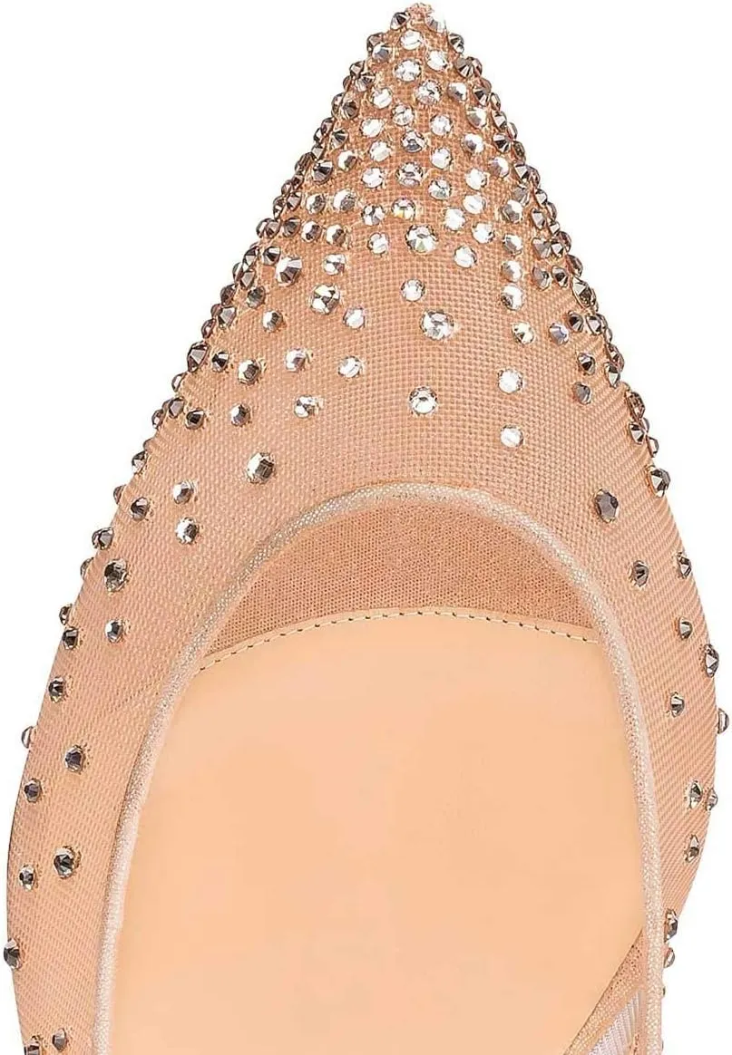XYD Women Mid Low Heels Pumps Sheer Mesh Crystal Studs Closed Pointed Toe Sexy Bridal Party Mother Shoes