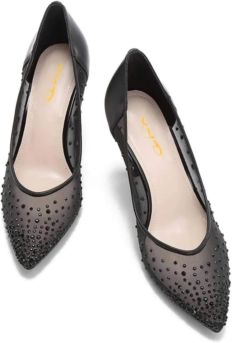 XYD Women Mid Low Heels Pumps Sheer Mesh Crystal Studs Closed Pointed Toe Sexy Bridal Party Mother Shoes