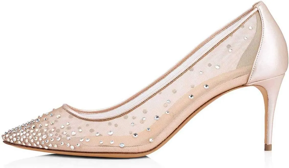 XYD Women Mid Low Heels Pumps Sheer Mesh Crystal Studs Closed Pointed Toe Sexy Bridal Party Mother Shoes