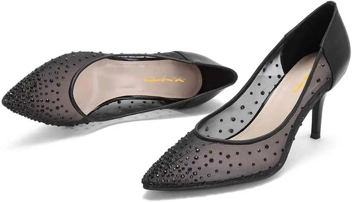 XYD Women Mid Low Heels Pumps Sheer Mesh Crystal Studs Closed Pointed Toe Sexy Bridal Party Mother Shoes