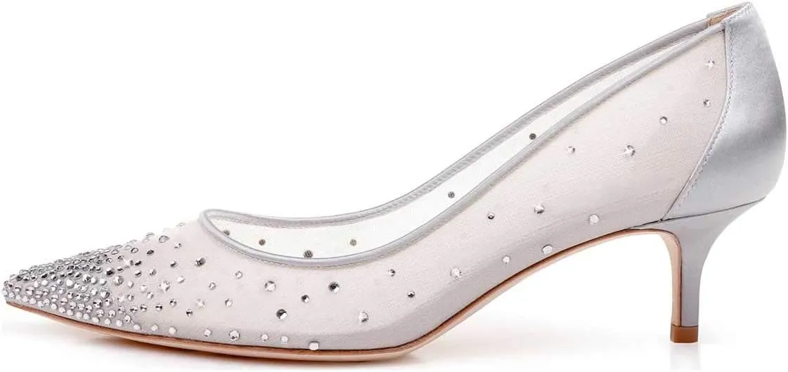 XYD Women Mid Low Heels Pumps Sheer Mesh Crystal Studs Closed Pointed Toe Sexy Bridal Party Mother Shoes