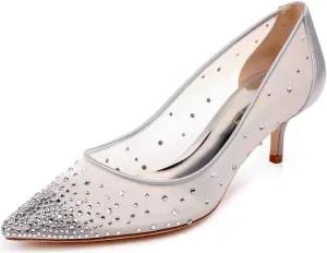 XYD Women Mid Low Heels Pumps Sheer Mesh Crystal Studs Closed Pointed Toe Sexy Bridal Party Mother Shoes