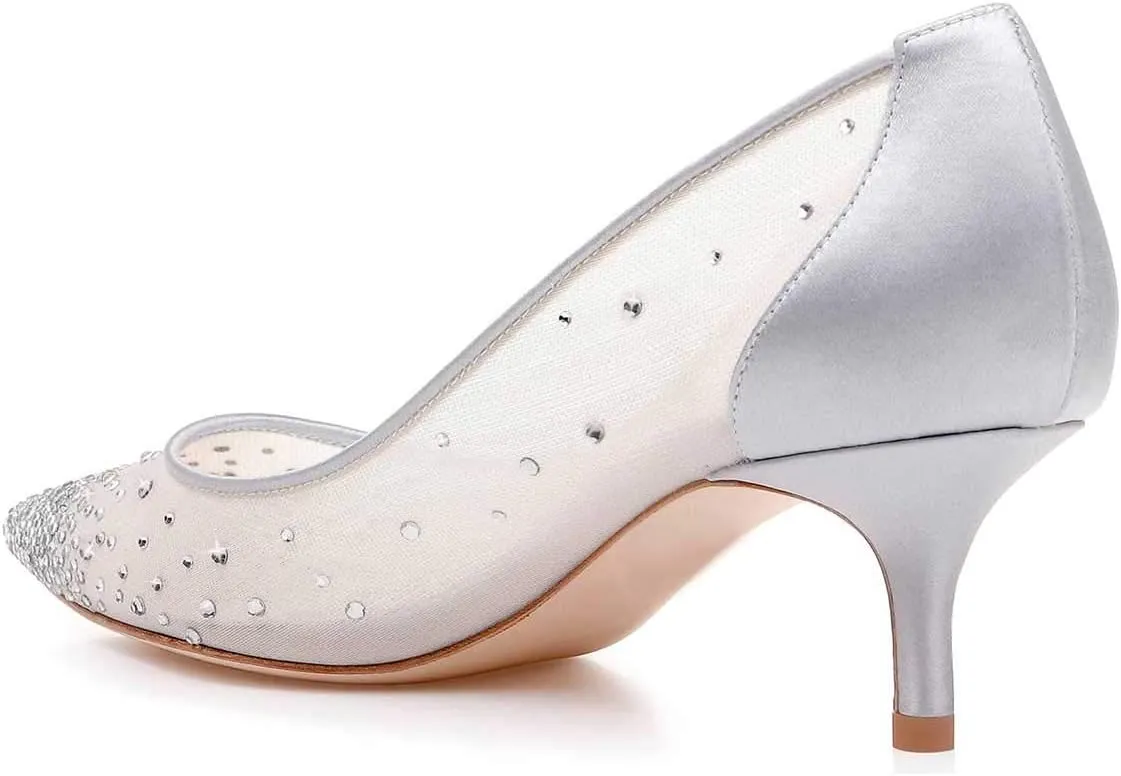 XYD Women Mid Low Heels Pumps Sheer Mesh Crystal Studs Closed Pointed Toe Sexy Bridal Party Mother Shoes