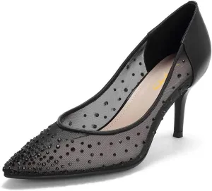 XYD Women Mid Low Heels Pumps Sheer Mesh Crystal Studs Closed Pointed Toe Sexy Bridal Party Mother Shoes