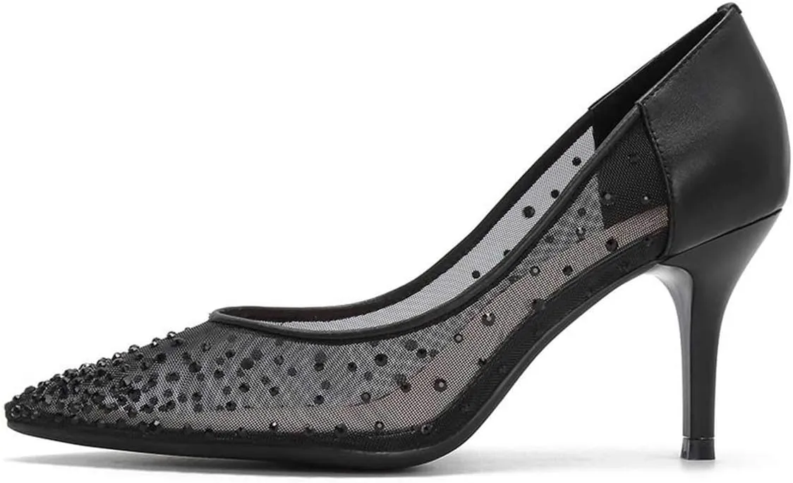 XYD Women Mid Low Heels Pumps Sheer Mesh Crystal Studs Closed Pointed Toe Sexy Bridal Party Mother Shoes