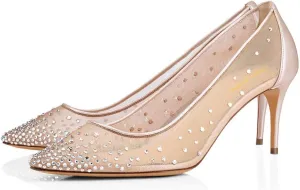 XYD Women Mid Low Heels Pumps Sheer Mesh Crystal Studs Closed Pointed Toe Sexy Bridal Party Mother Shoes