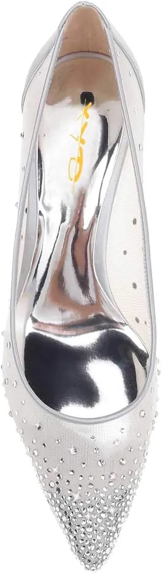 XYD Women Mid Low Heels Pumps Sheer Mesh Crystal Studs Closed Pointed Toe Sexy Bridal Party Mother Shoes