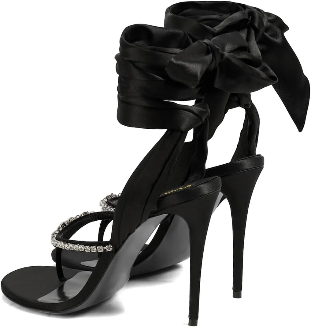 XYD Women Open Split Toe Lace-up Ankle Strappy Sandals Rhinestones Studded Thong High Heels Evening Shoes
