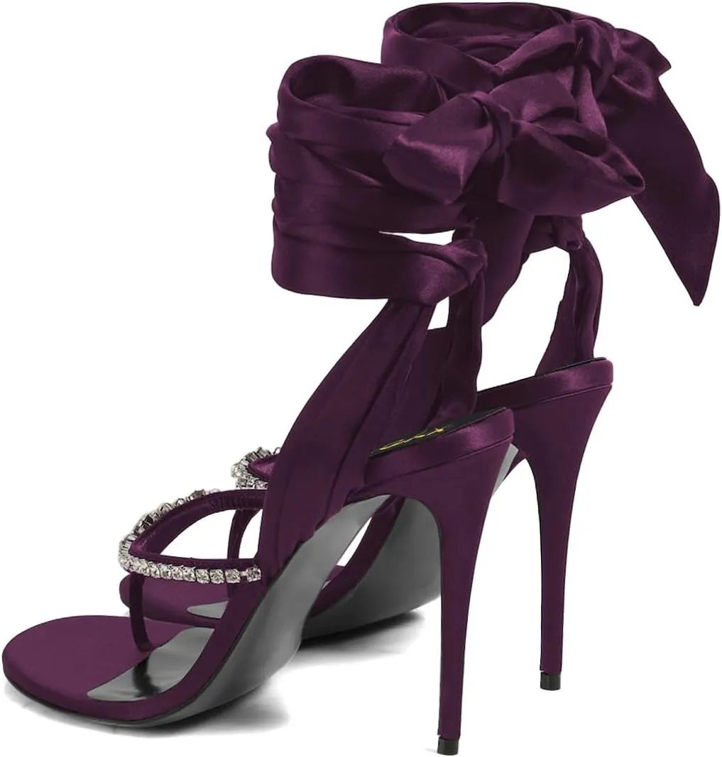 XYD Women Open Split Toe Lace-up Ankle Strappy Sandals Rhinestones Studded Thong High Heels Evening Shoes