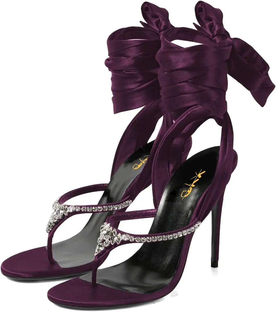 XYD Women Open Split Toe Lace-up Ankle Strappy Sandals Rhinestones Studded Thong High Heels Evening Shoes