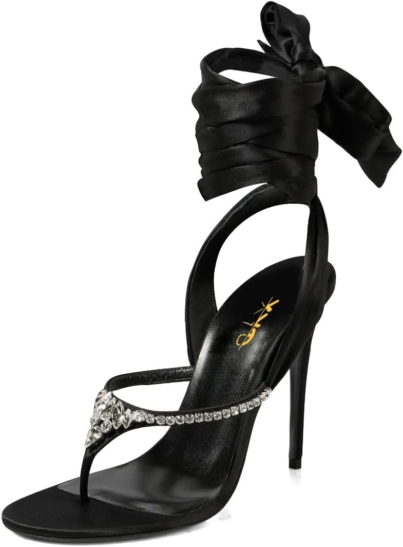 XYD Women Open Split Toe Lace-up Ankle Strappy Sandals Rhinestones Studded Thong High Heels Evening Shoes