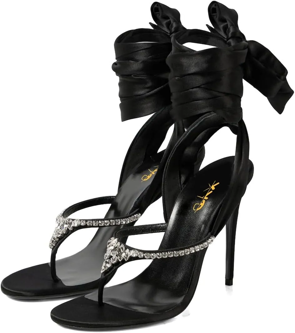 XYD Women Open Split Toe Lace-up Ankle Strappy Sandals Rhinestones Studded Thong High Heels Evening Shoes