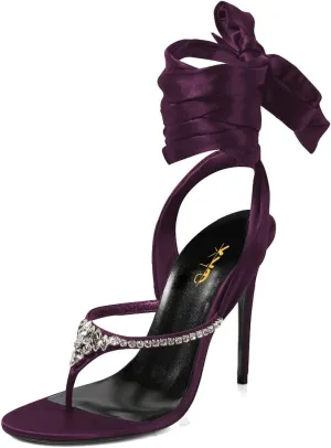 XYD Women Open Split Toe Lace-up Ankle Strappy Sandals Rhinestones Studded Thong High Heels Evening Shoes
