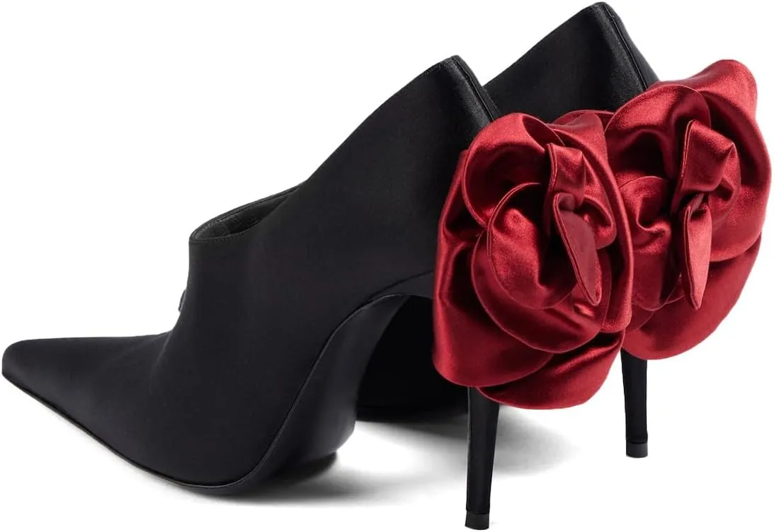 XYD Women Oversized Satin Flower Pumps Sexy Pointed Toe High Heels Stiletto Shoes for Evening Event Formal