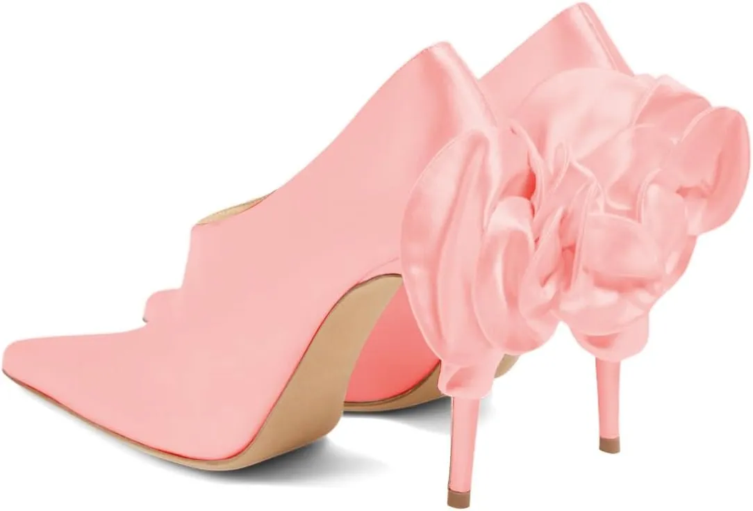 XYD Women Oversized Satin Flower Pumps Sexy Pointed Toe High Heels Stiletto Shoes for Evening Event Formal