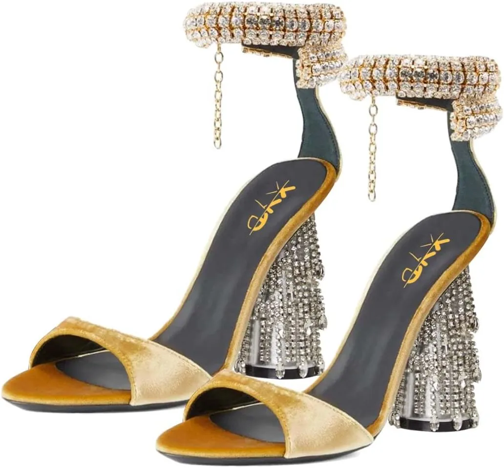 XYD Women Pointed Open Toe Crystal Ankle Strap Sandals Block High Heel with Rhinestone Fringe Evening Party Dress Pumps Shoes