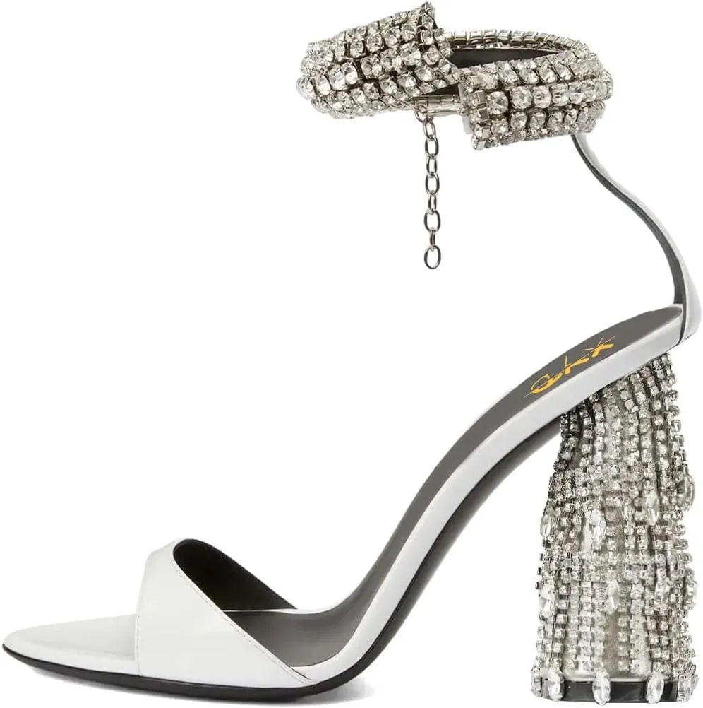 XYD Women Pointed Open Toe Crystal Ankle Strap Sandals Block High Heel with Rhinestone Fringe Evening Party Dress Pumps Shoes