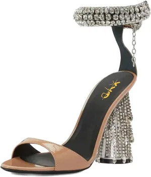 XYD Women Pointed Open Toe Crystal Ankle Strap Sandals Block High Heel with Rhinestone Fringe Evening Party Dress Pumps Shoes