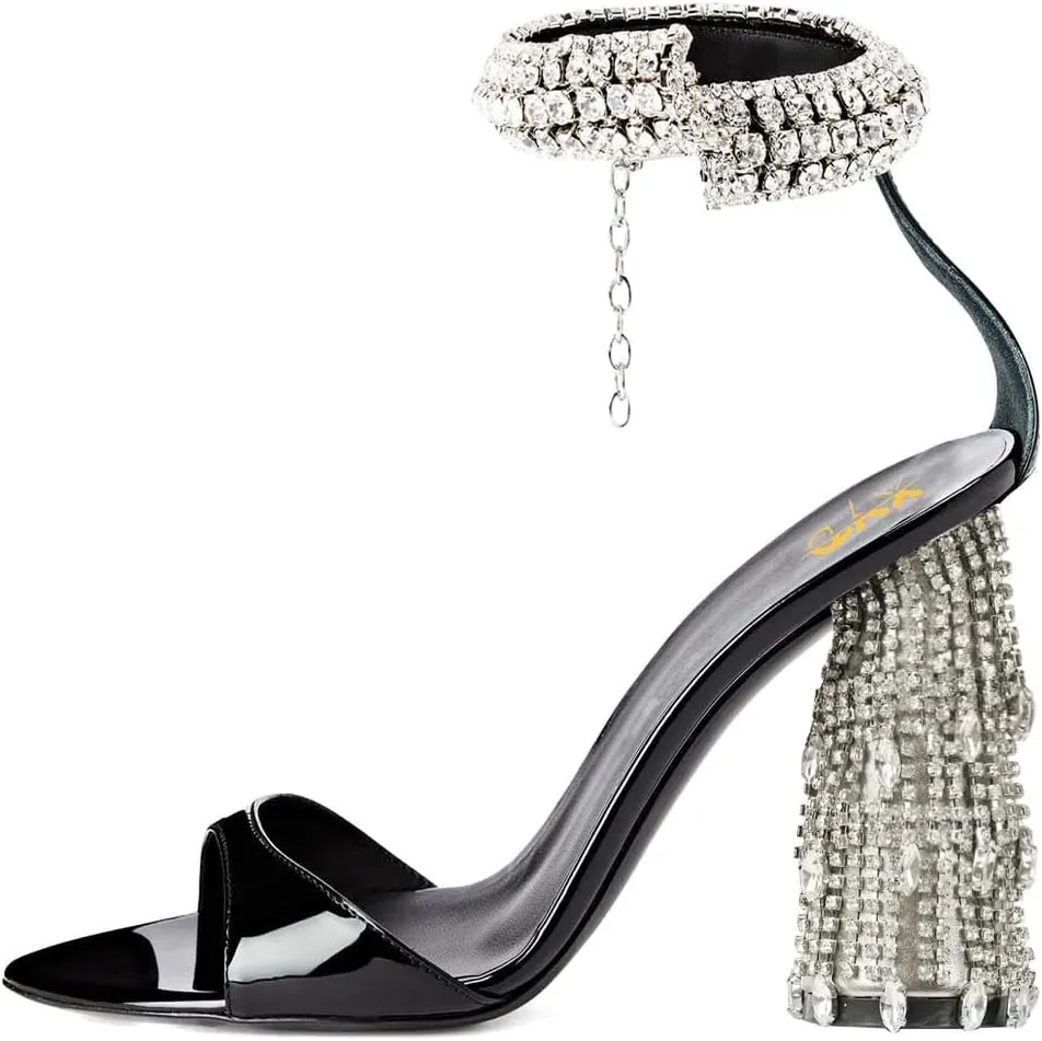 XYD Women Pointed Open Toe Crystal Ankle Strap Sandals Block High Heel with Rhinestone Fringe Evening Party Dress Pumps Shoes