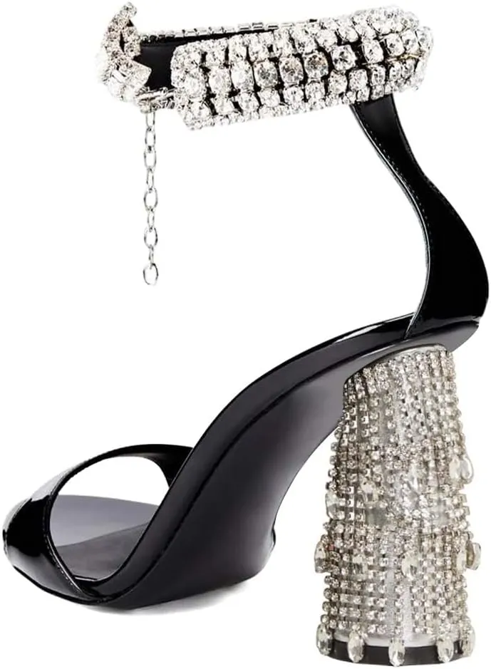 XYD Women Pointed Open Toe Crystal Ankle Strap Sandals Block High Heel with Rhinestone Fringe Evening Party Dress Pumps Shoes
