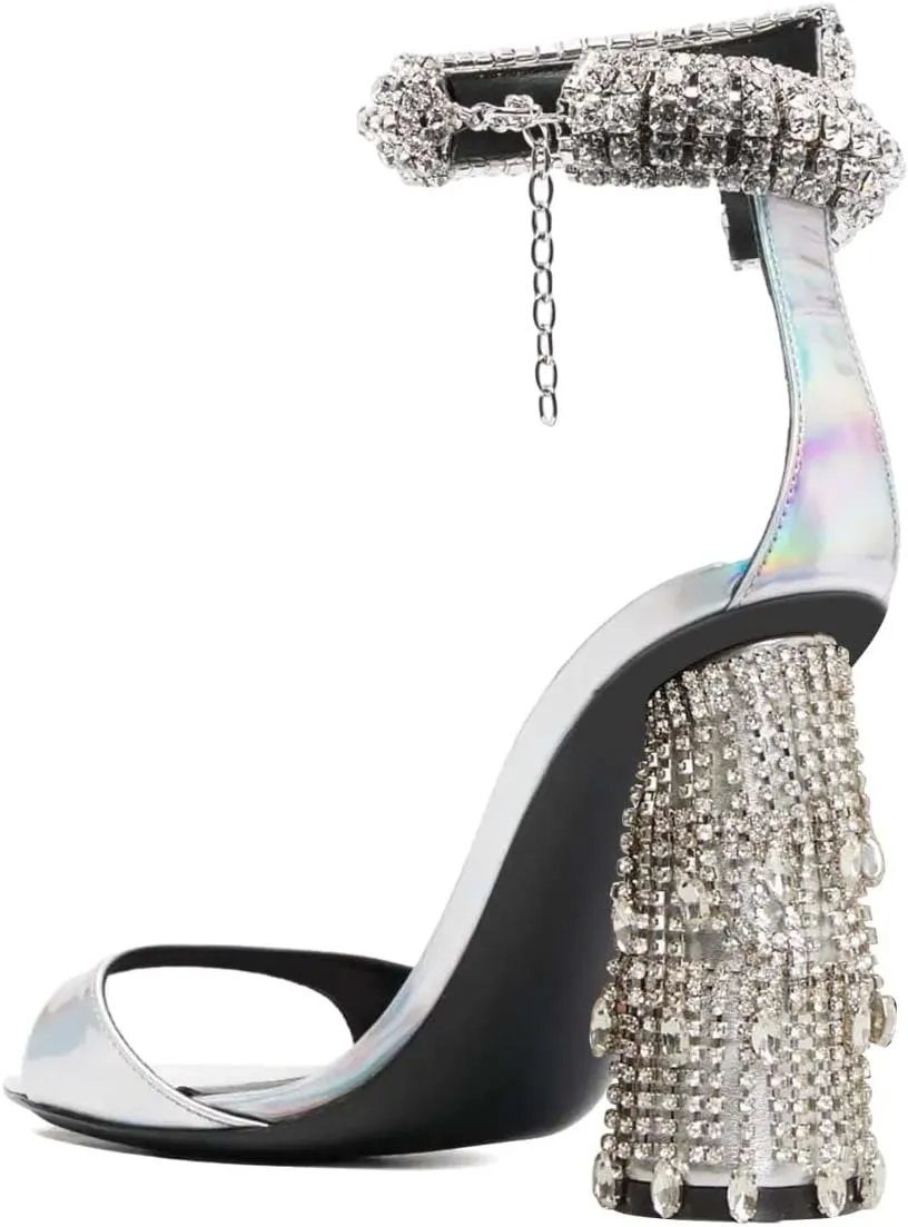 XYD Women Pointed Open Toe Crystal Ankle Strap Sandals Block High Heel with Rhinestone Fringe Evening Party Dress Pumps Shoes