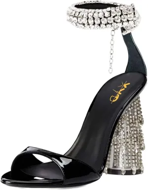 XYD Women Pointed Open Toe Crystal Ankle Strap Sandals Block High Heel with Rhinestone Fringe Evening Party Dress Pumps Shoes