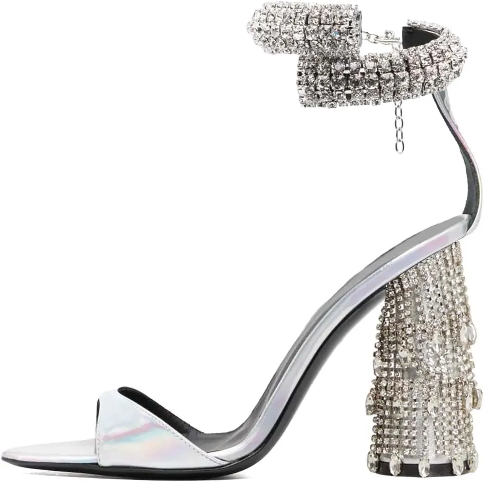 XYD Women Pointed Open Toe Crystal Ankle Strap Sandals Block High Heel with Rhinestone Fringe Evening Party Dress Pumps Shoes