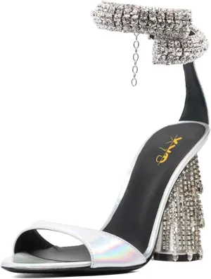 XYD Women Pointed Open Toe Crystal Ankle Strap Sandals Block High Heel with Rhinestone Fringe Evening Party Dress Pumps Shoes