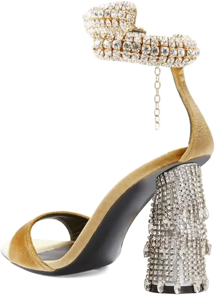 XYD Women Pointed Open Toe Crystal Ankle Strap Sandals Block High Heel with Rhinestone Fringe Evening Party Dress Pumps Shoes