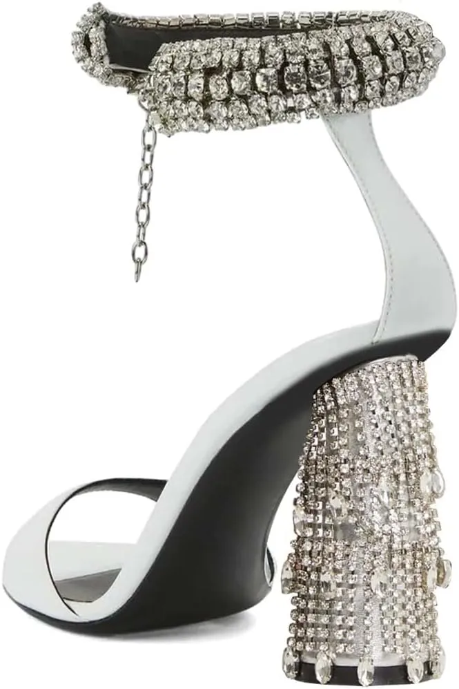 XYD Women Pointed Open Toe Crystal Ankle Strap Sandals Block High Heel with Rhinestone Fringe Evening Party Dress Pumps Shoes