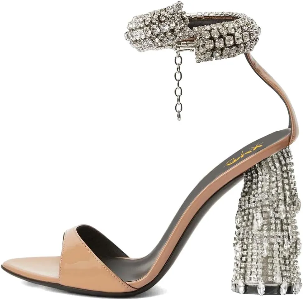 XYD Women Pointed Open Toe Crystal Ankle Strap Sandals Block High Heel with Rhinestone Fringe Evening Party Dress Pumps Shoes