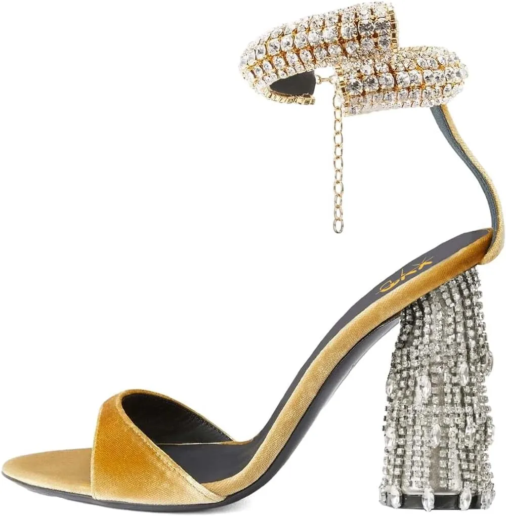 XYD Women Pointed Open Toe Crystal Ankle Strap Sandals Block High Heel with Rhinestone Fringe Evening Party Dress Pumps Shoes