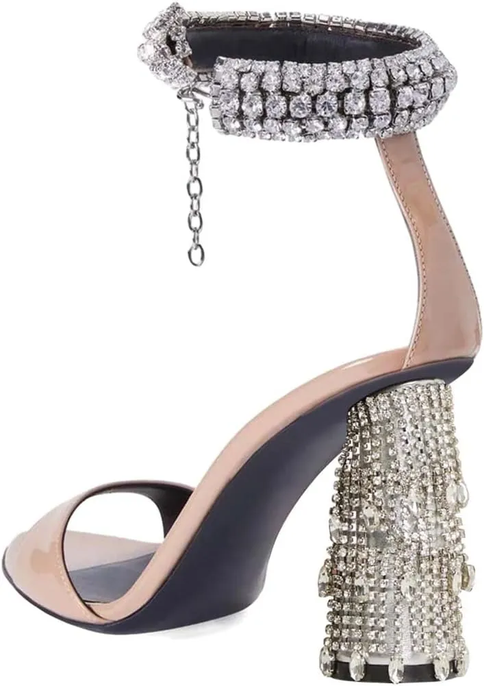 XYD Women Pointed Open Toe Crystal Ankle Strap Sandals Block High Heel with Rhinestone Fringe Evening Party Dress Pumps Shoes