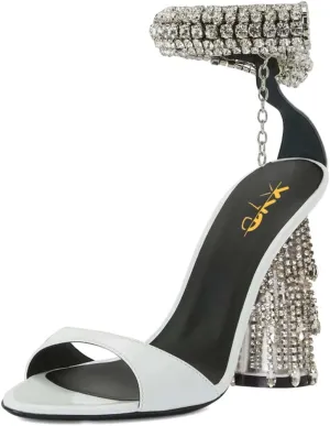 XYD Women Pointed Open Toe Crystal Ankle Strap Sandals Block High Heel with Rhinestone Fringe Evening Party Dress Pumps Shoes