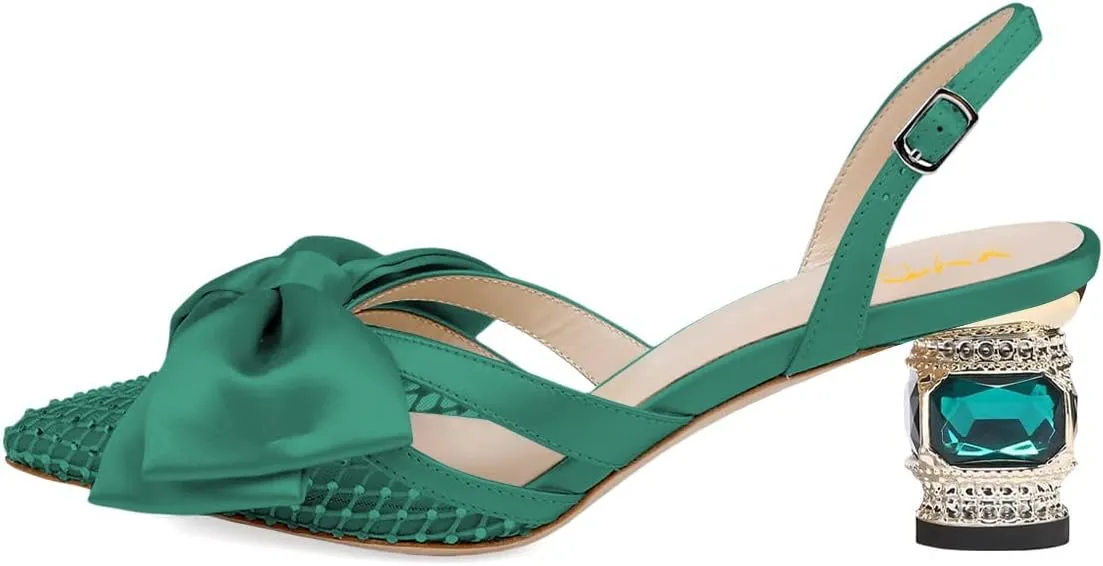 XYD Women Pointed Toe Slingback Wedding Pumps Bows Mesh Chunky Low Heel Sandals Crystal Dress Party Shoes