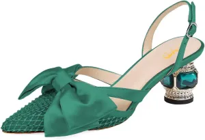 XYD Women Pointed Toe Slingback Wedding Pumps Bows Mesh Chunky Low Heel Sandals Crystal Dress Party Shoes