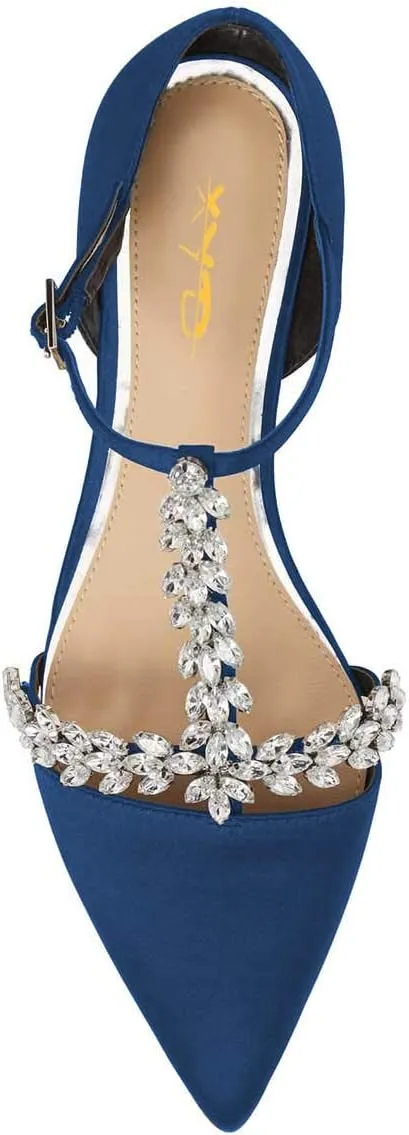 XYD Women Trendy Rhinestone T-Strap Crystal Bridal Flats Sandals Pointy Toe D'Orsay Ankle Strap Wedding Dress Shoes
