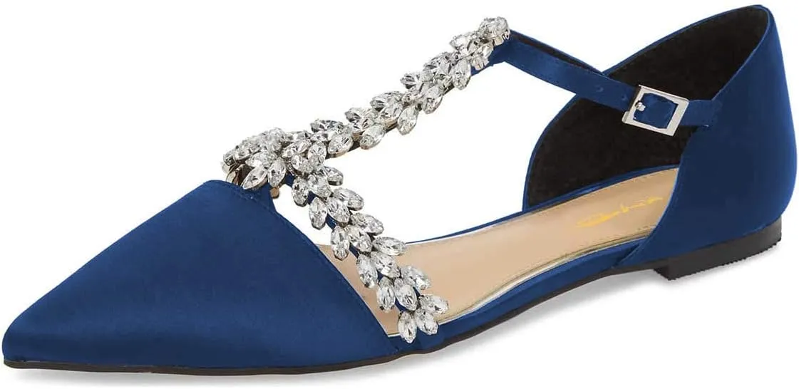 XYD Women Trendy Rhinestone T-Strap Crystal Bridal Flats Sandals Pointy Toe D'Orsay Ankle Strap Wedding Dress Shoes