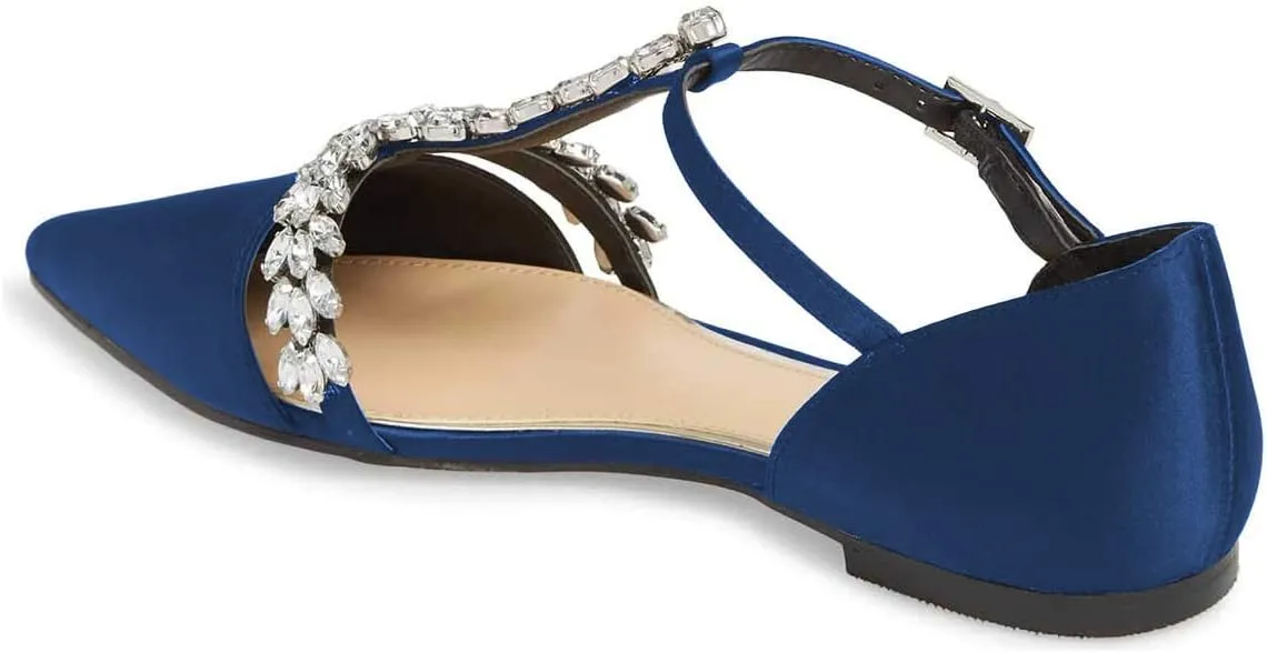 XYD Women Trendy Rhinestone T-Strap Crystal Bridal Flats Sandals Pointy Toe D'Orsay Ankle Strap Wedding Dress Shoes