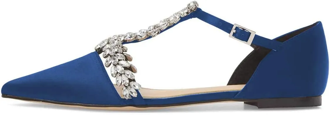 XYD Women Trendy Rhinestone T-Strap Crystal Bridal Flats Sandals Pointy Toe D'Orsay Ankle Strap Wedding Dress Shoes