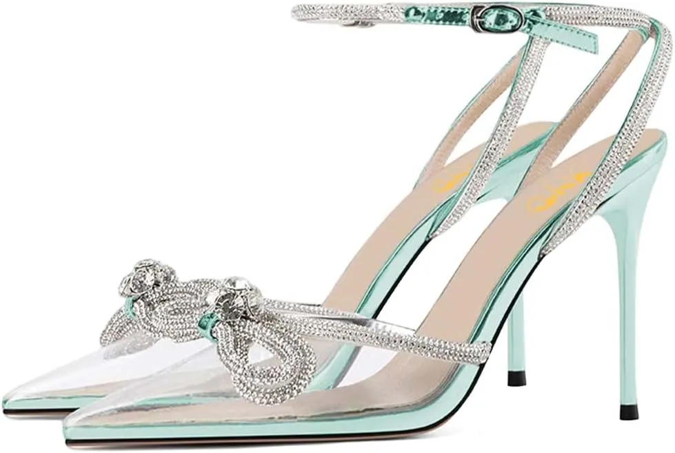 XYD Women's Double Bow Clear Pointed Toe Ankle Strap Crystal Pumps Wedding Bridal Banquet Party Stilettos Backless Transparent Heeled Sandals