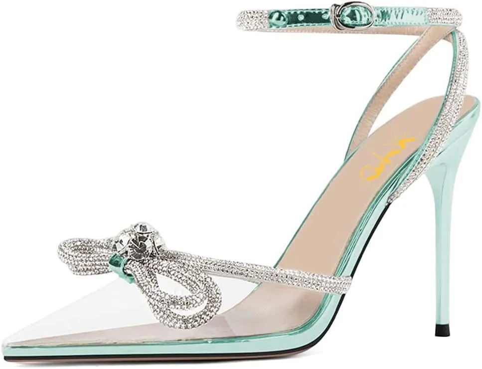 XYD Women's Double Bow Clear Pointed Toe Ankle Strap Crystal Pumps Wedding Bridal Banquet Party Stilettos Backless Transparent Heeled Sandals