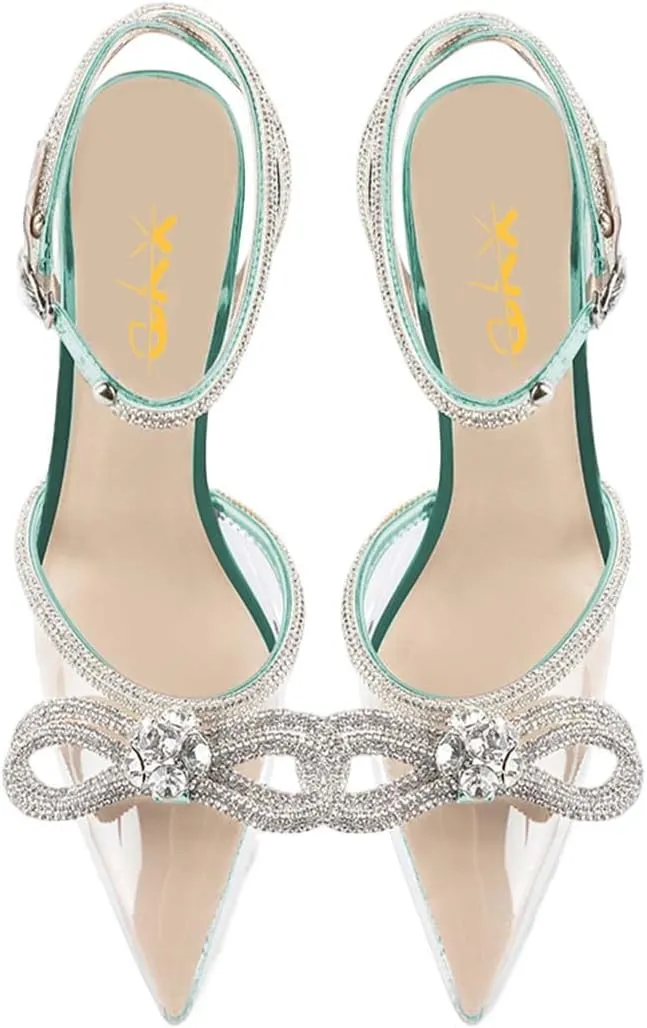 XYD Women's Double Bow Clear Pointed Toe Ankle Strap Crystal Pumps Wedding Bridal Banquet Party Stilettos Backless Transparent Heeled Sandals