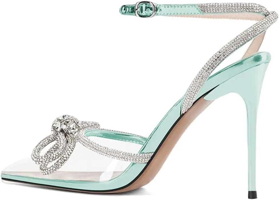 XYD Women's Double Bow Clear Pointed Toe Ankle Strap Crystal Pumps Wedding Bridal Banquet Party Stilettos Backless Transparent Heeled Sandals