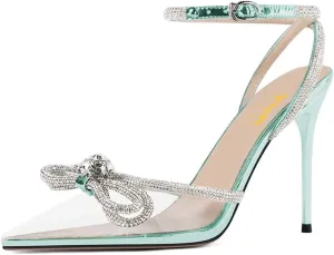 XYD Women's Double Bow Clear Pointed Toe Ankle Strap Crystal Pumps Wedding Bridal Banquet Party Stilettos Backless Transparent Heeled Sandals